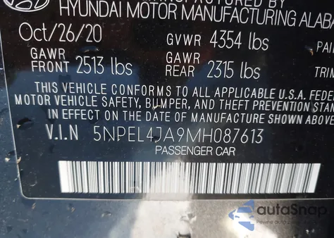 2021 Hyundai Sonata Sel z USA, uszkodzony, nr VIN 5NPEL4JA9MH087613
